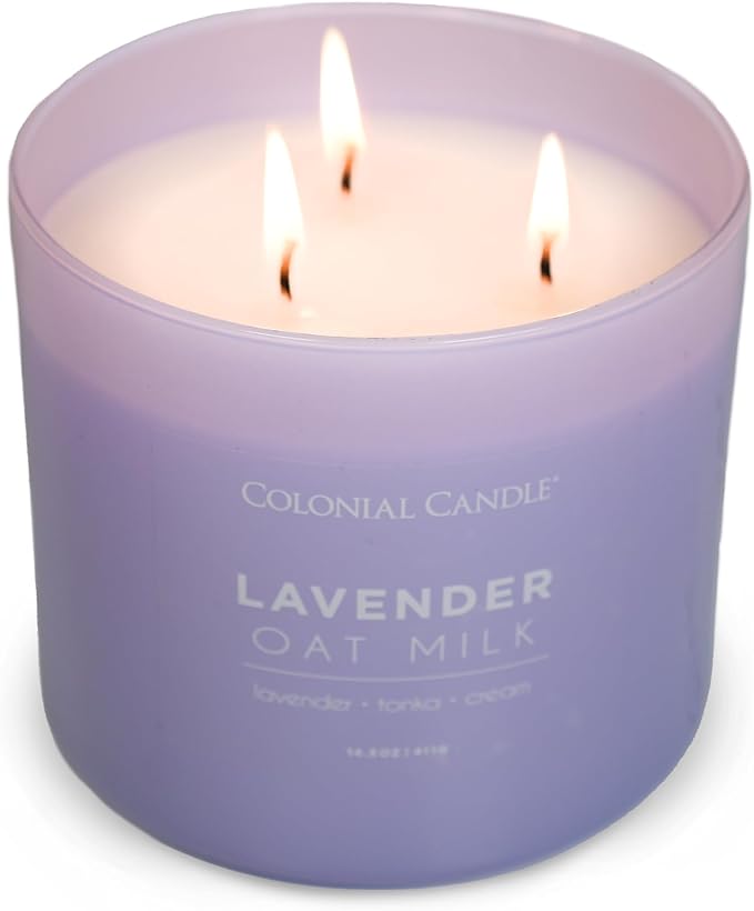Colonial Candle Lavender Oat Milk Scented Jar Candle, Pop of Color Collection, 3 Wick, 14.5 oz - Up to 60 Hours Burn