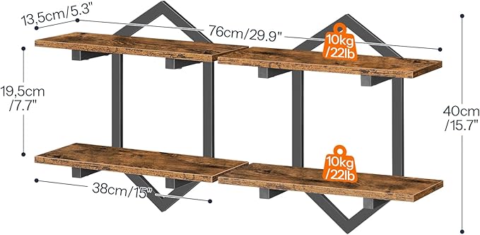 HOOBRO Floating Shelves, 15 Inch Wall Shelf Set of 2, Wall Mounted Storage Shelves 2-Tier, Hanging Bathroom Shelves, for Living Room, Bedroom, Bathroom, Kitchen, Rustic Brown and Black BF13BJP201