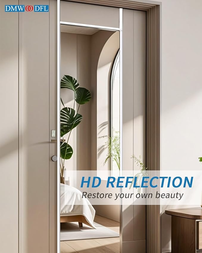 DMWOODFL 48"x14" Over-The-Door Full Length Mirror - No Drill Hanging with Metal Hooks, Shatterproof Glass & Aluminum Frame for Bathroom, Bedroom, Entryway Decor（Silver White）