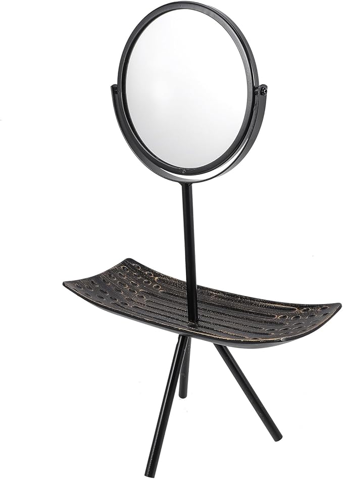 VICASKY Rotating Vanity Mirror with Tray Makeup Mirror for Home Desk European Style Jewelry Organizer Tray Black for Bedroom Dressing