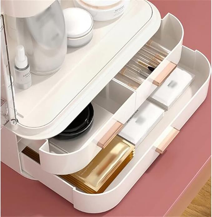 Storage Box with Mirror Light Desktop Makeup Organizer Case Dust-Proof Drawer Type Jewelry Box (Color : White Size : 35.526.629.719.3CM)