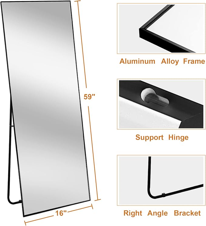 NeuType Full Length Mirror, 59"x16" Full Body Mirror with Stand Floor Mirror Full Length Standing Mirror Wall-Mounted Mirror Hanging or Leaning Against Wall Aluminum Alloy Thin Frame (Black)
