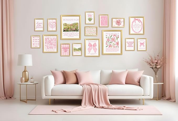 ANERZA 16 PCS Christian Coquette Wall Art Decor, Pink Bow Bible Verses Gallery Wall Prints for Bedroom Nursery, Jesus Posters for Living Room Aesthetic, Scripture Preppy Dorm Collage Kit for Girls Kids