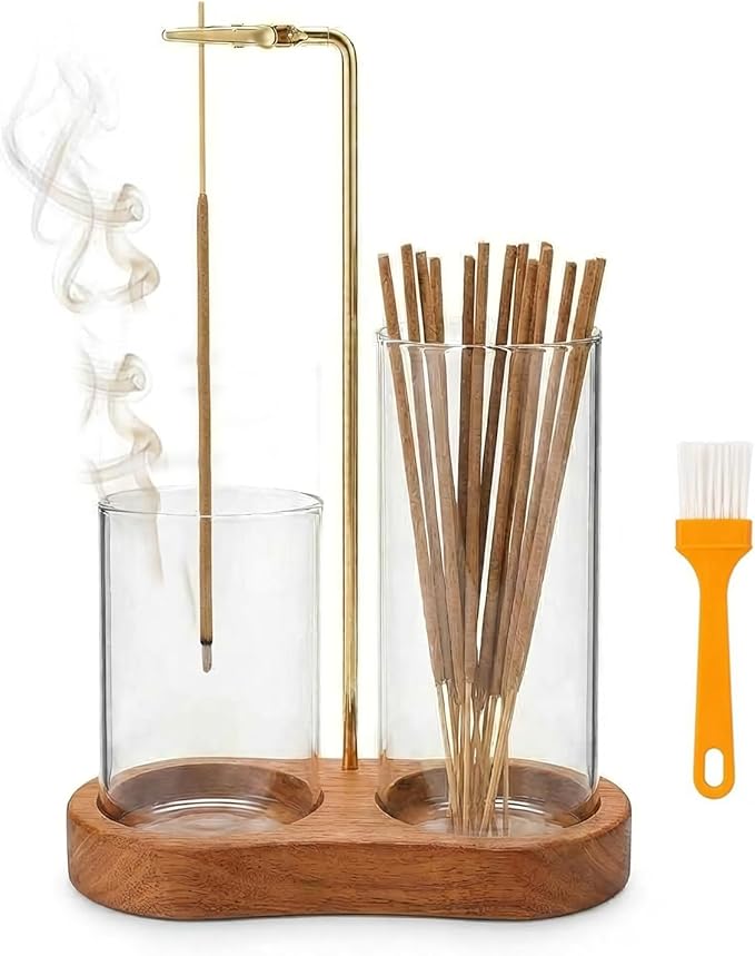 2 in 1 Incense Holder for Sticks with Glass Ash Catcher - Upside Down Anti-Ash Flying Incense Burner & Stick Storage Organizer, Ideal for Meditation, Yoga, Zen Home Decor, Spa Relaxation Gift