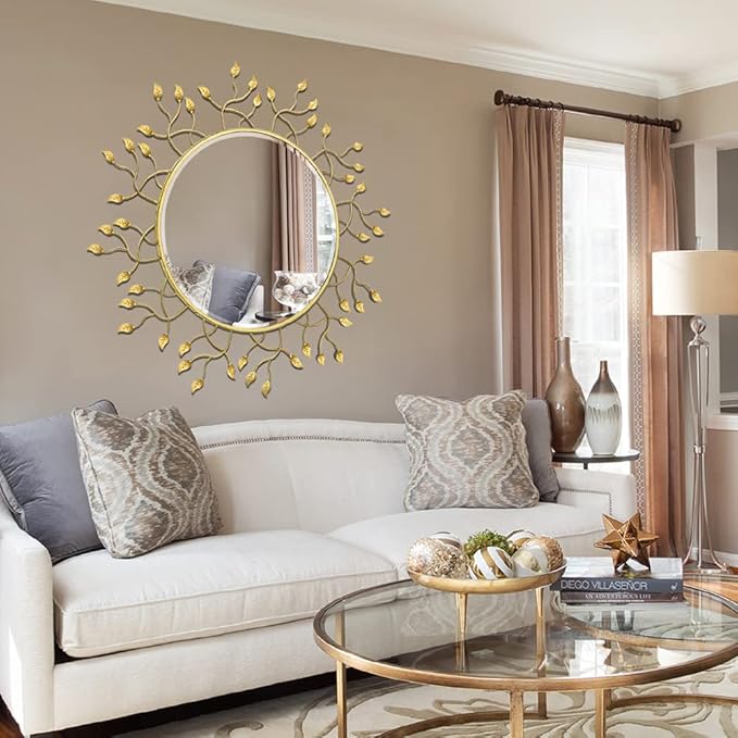 Chende 39" x 39" Gold Decorative Wall Mirror, Large Round Mirror with Metal Leaves, Gold Frame for Living Room, Entrance, Dining Room, Bedroom