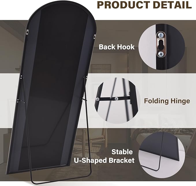 XRAMFY 86"x40" Arched Full Length Mirror Floor Mirrors with Aluminum Alloy Frame Free-Standing Wall Mounted Floor Mirrors or Large Dressing Mirror, Black Mirror Full Length