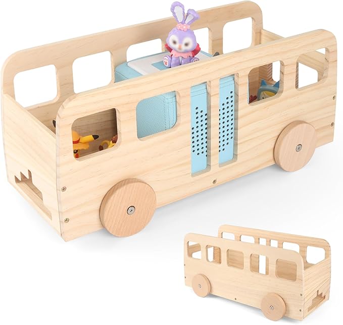 Bus for Tonies Box 1/2 Organizer Shelf Storage, Wooden Bus Storage Holder for Toniebox Player Tonies Figures Characters, Display Collection 20~30 Characters, Funny Little Car