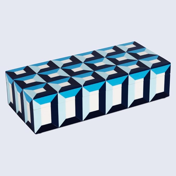 Handicrafts Home Blue Decorative Storage Box with Lid – Modern Coffee Table Storage Box, Geometric Resin Inlay Wooden Box, Remote Control Holder, Decorative Organizer, Jewelry & Keepsake- 10x4.5x2.5