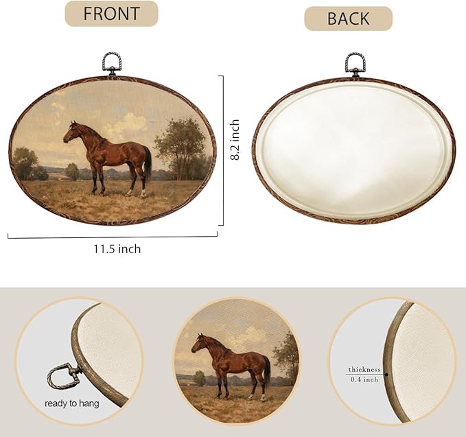Vintage Horse Oval Framed Wall Art, Classic Horse Picture Canvas Art Painting Wall Decor, Rustic Cottagecore Hanging Decor Print Artwork for Home Bathroom Living Room Bedroom Farmhouse 12X8.3
