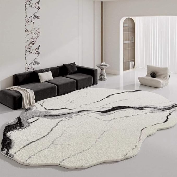 Cream White Black Gray Marble Irregular Area Rug 8x10 Modern Abstract Irregular Shaped Rug for Living Room Bedroom Guestroom Machine Washable Low Pile Plush Carpet Minimalist Home Office Floor Mat