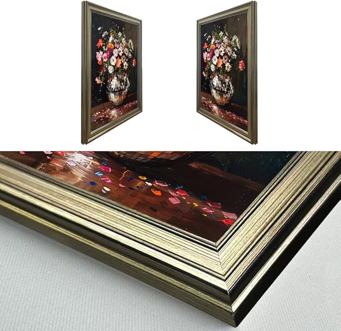 Vintage Framed Disco Ball Wall Art Retro Eclectic Wall Decor Colorful Moody Florals Painting Maximalist Wall Art Funky Flowers Bouquet Print Artwork