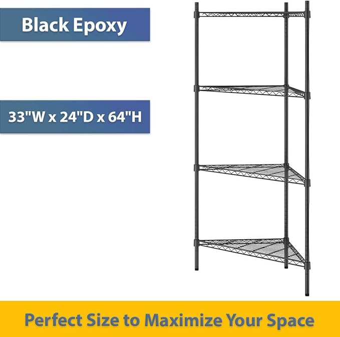 33" W x 24" D x 64" H NSF Black Triangle Heavy Duty Corner Shelving Kit, 4-Shelf Adjustable Wire Rack