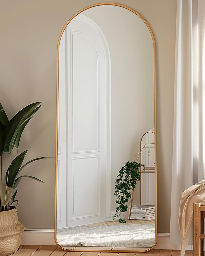 Antok Full Length Mirror, 56"x15" Floor Mirror with Stand, Hanging Mounted Mirrors for Bedroom, Living Room, Cloakroom, Dining Room, Gold, Arch