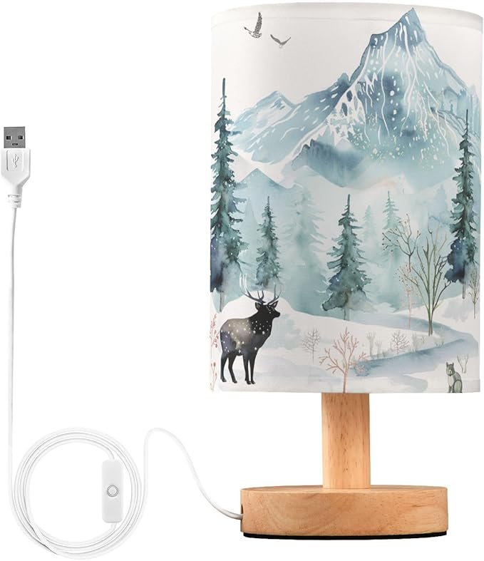 Table Lamp Watercolor Winter Forest Tree Animal Mountain Bear Deer Owl Nightstand Lamp with Wood Base Fabric Lamp Shade Bedside Desk Lamp for Living Room Bedroom Kids Room Office