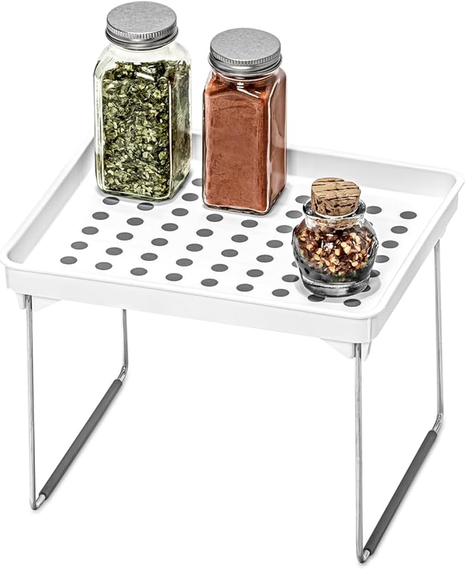 madesmart Small Stacking Shelf, Organizer for Spices, Make-Up, Bottles & Jars, Collapsible Legs for Cabinet or Counter Storage, White