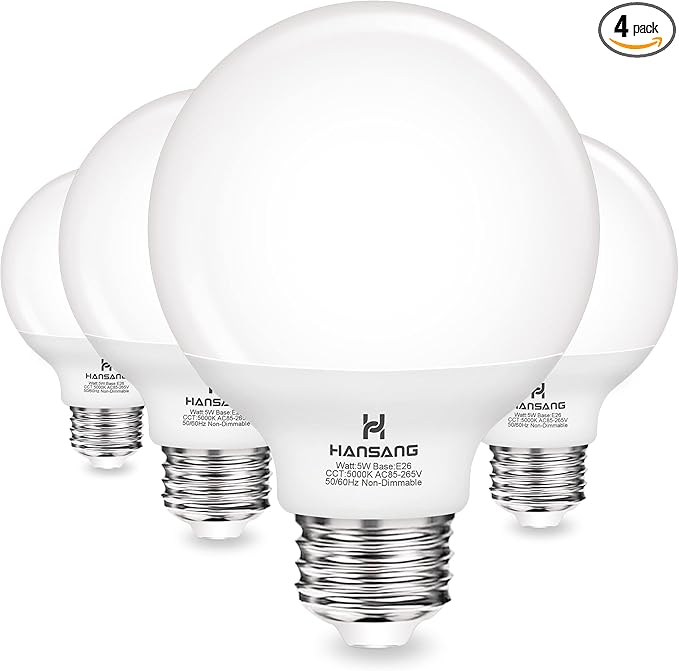 hansang G25 LED Globe Light Bulbs, 60W Equivalent, 5000K Daylight Bathroom, E26 Base, Eye-Friendly Vanity Round, Perfect for Vanity Makeup Mirror, 120V CRI85+ Non-Dimmable 4Pack