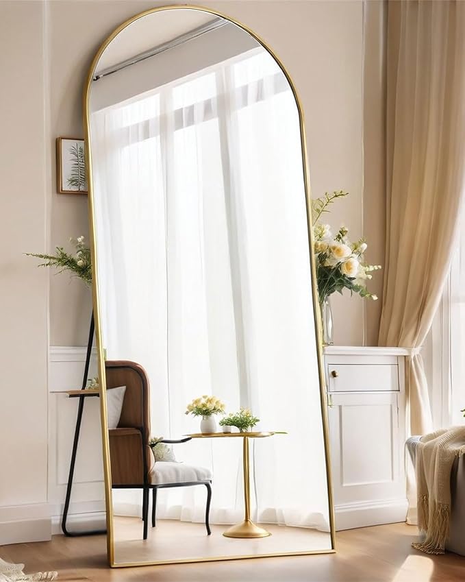 KOMCOTE 71x28 Inch Arched Floor Mirror - Full Length Gold Standing Mirror for Bedroom, Living Room, Dressing - Tall Leaner Mirror with Arch Design, Wall or Free-Standing Decor