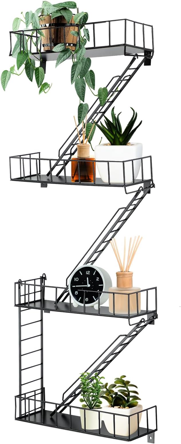 Zonon Fire Escape Wall Shelf Hanging Metal Ladder Shelves Wall Decor Cool Bookshelf Organizer Floating Shelves Action Figure Shelf for Home Bedroom Storage Display(Black,4 Tier)