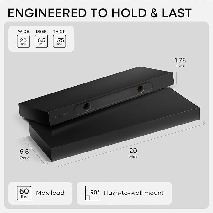 Homeforia Black Floating Shelf 20 inch, High End Solid Real Wood 20inch Bathroom Floating Shelves for Wall Mounted, Black Wooden 20in Floating Shelves, Heavy Duty Bracket, 20 X 6.5 X 1.75 in, Set of 3