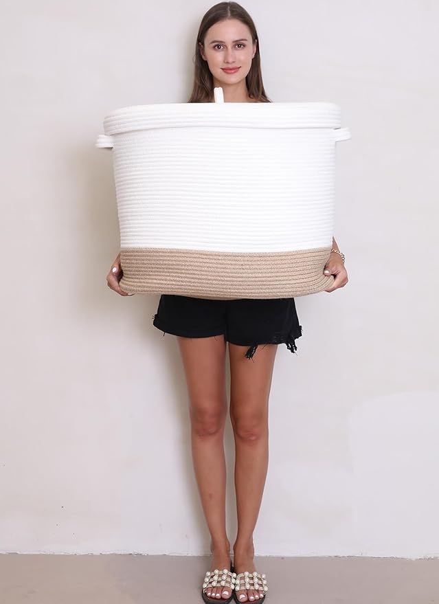22"x14"x18" Rectangular Extra Large Storage Basket With Lid, Large Cotton Rope Storage Basket, Woven Laundry Hamper, Cloth Storage Bin, for Clothes Towels Blankets in Living Room, White/Jute Bottom