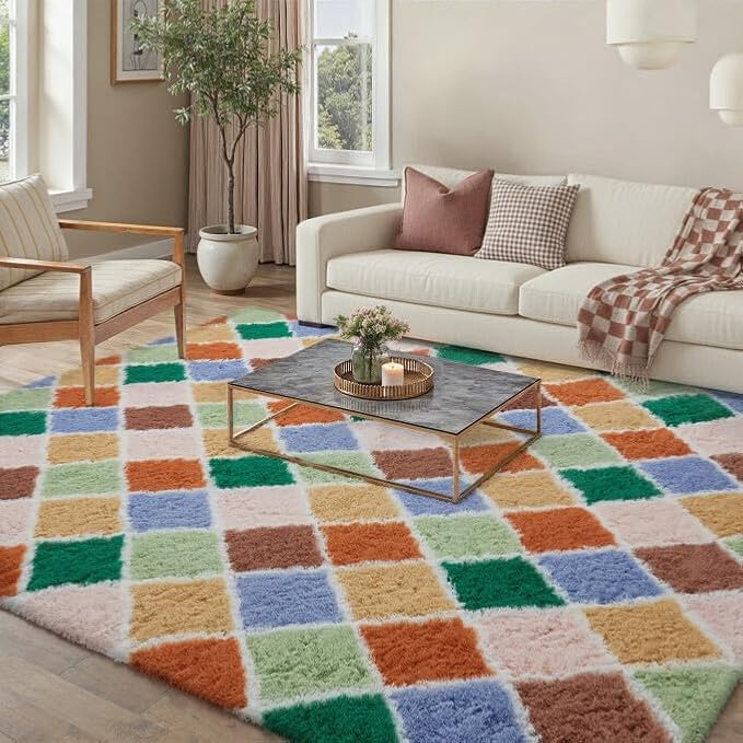 PureCozy 5x8 Checkered Rug for Bedroom Colorful Modern Soft Area Rug Fluffy Non-Slip Carpet for Living Room Playroom Home Aesthetic Decor