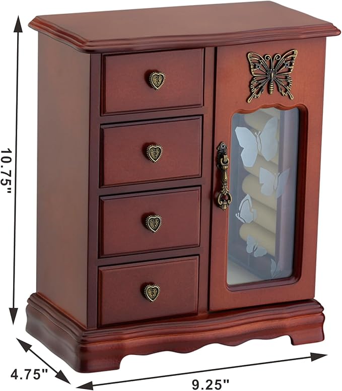 RR ROUND RICH DESIGN Solid Wooden Jewelry Box Makeup and Organizer Women Ring Storage with 4-Drawers Built-in Necklace Carousel and Mirror Brown