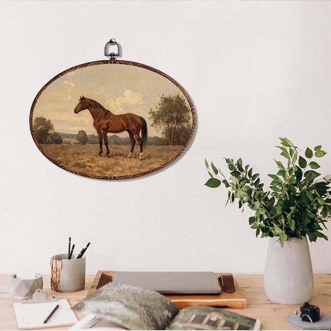 Vintage Horse Oval Framed Wall Art, Classic Horse Picture Canvas Art Painting Wall Decor, Rustic Cottagecore Hanging Decor Print Artwork for Home Bathroom Living Room Bedroom Farmhouse 12X8.3
