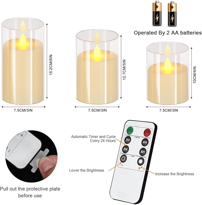 wemarry Flameless Candles 4" 5" 6" Acrylic Glass Pillars 3" Diameter Battery Operated Flickering Candles Include 8-Key Remote with Timer Function 400+ Hours (Pure White, Warm Light 3 Pack)