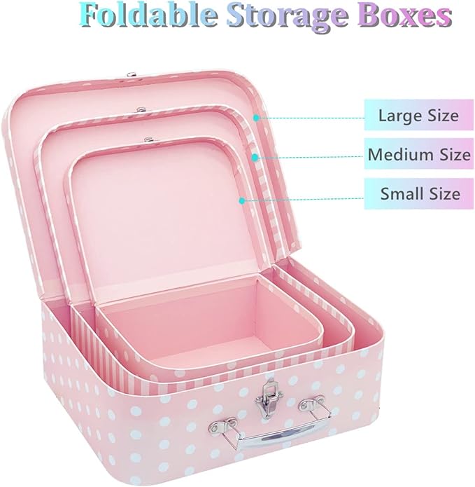 Paperboard Suitcases Set of 3 Decorative Boxes, Compatible with Barbie Storage Organizer, Doll Clothes, Toys, Photos, Accessories, Hat, Cute Storage Gift Boxes for Kids Girls Home Decoration