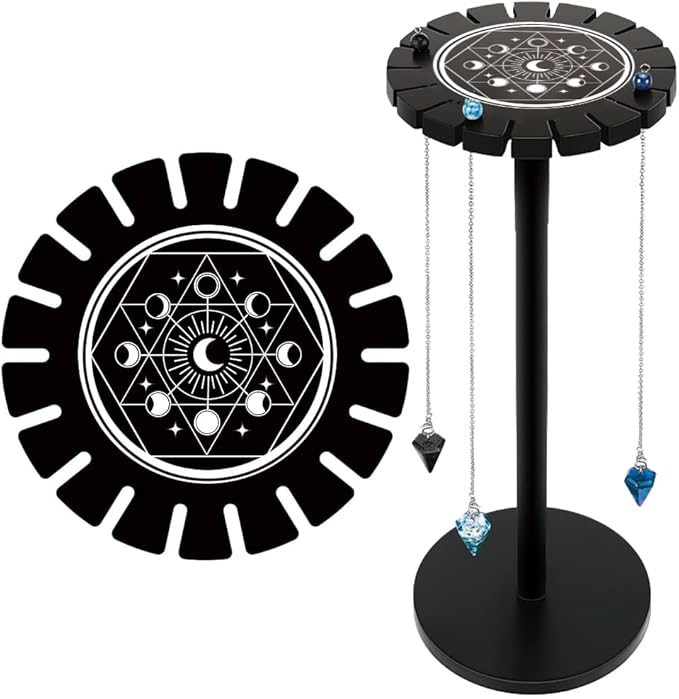 INFUNLY Pendulum Display Stand Moon Phase Crystal Display Shelf Holder Black 4.7x11 Divination Pendulum Storage Rack with 18 Slots for Crystal Stone Pendulum Necklaces Rack Witch Altar Decor
