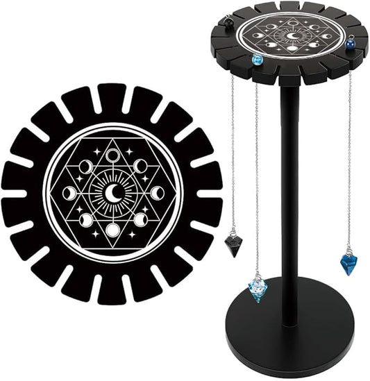 INFUNLY Pendulum Display Stand Moon Phase Crystal Display Shelf Holder Black 4.7x11 Divination Pendulum Storage Rack with 18 Slots for Crystal Stone Pendulum Necklaces Rack Witch Altar Decor