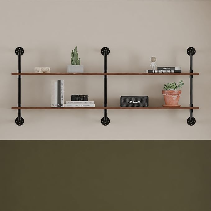 HDDFER Floating Shelves Wall Bookshelf Industrial Pipe Shelving Shelves Real Wood Planks 70 inch Rustic Wall Shelves Hanging Bookshelves Farmhouse Kitchen Bar Shelving