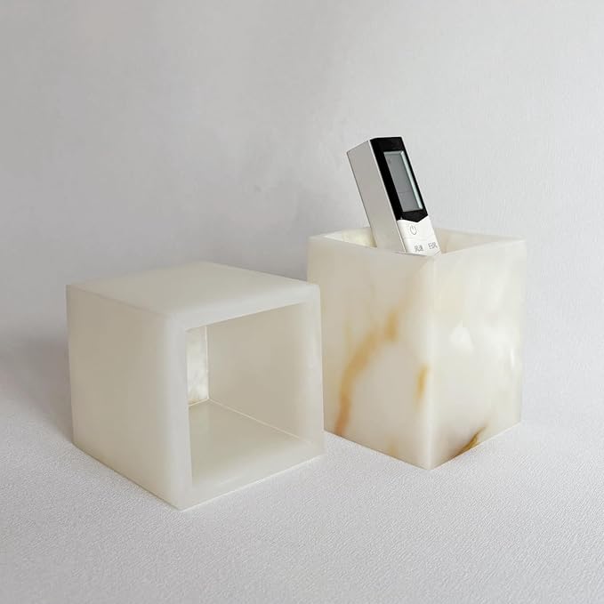 Natural Marble Stone Square Storage Container Empty Vessel Holder Cup for Candle/Pens/Sundries items (White Onyx)