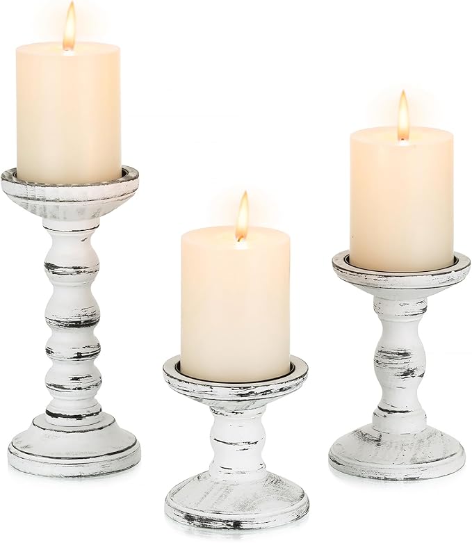 Candeldo Wood Candle Holders for Pillar: Rustic Candles Holder Set of 3 Table Centerpiece Decor Wooden White Farmhouse Decorations for Fireplace Mantle