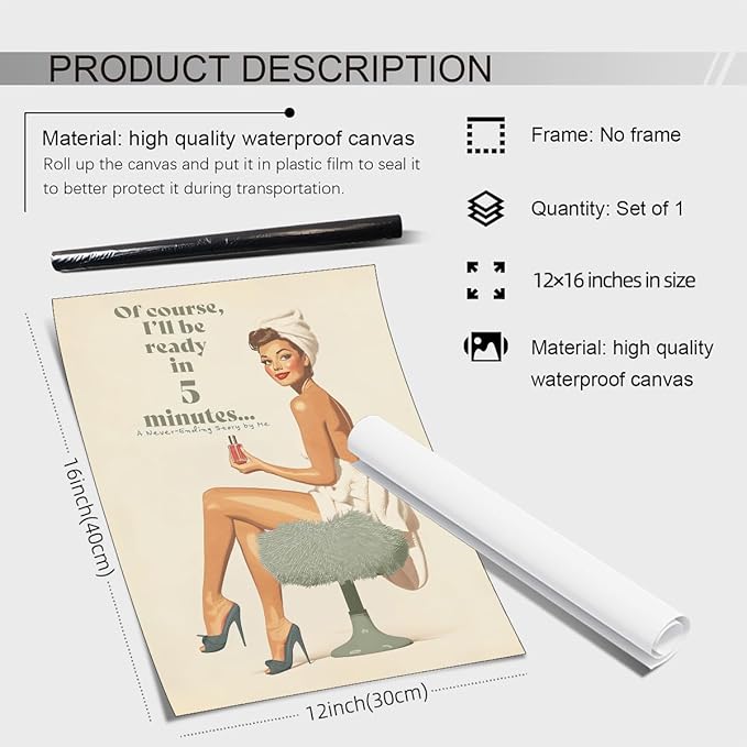 noxozoqm Boho Sage Green Bathroom Poster Vintage 70s Pin Up Girl Wall Art Of Course I'll Be Ready in 5 Minutes Canvas Prints for Toilet Lavatory Wall Decor 12X16 inch Unframed