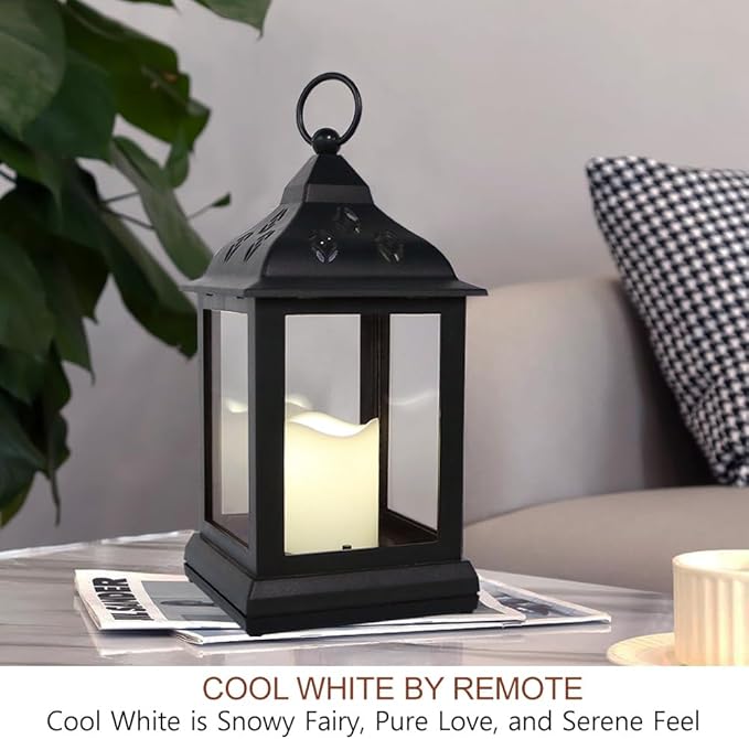 Bright Zeal 2-Pack 9.5" Vintage Decorative Candle Lantern with LED Flickering Flameless Candle (Black, 8hr Timer) - Indoor Hanging Lanterns Decorative Lanterns Battery Powered LED Candle Timer Candle