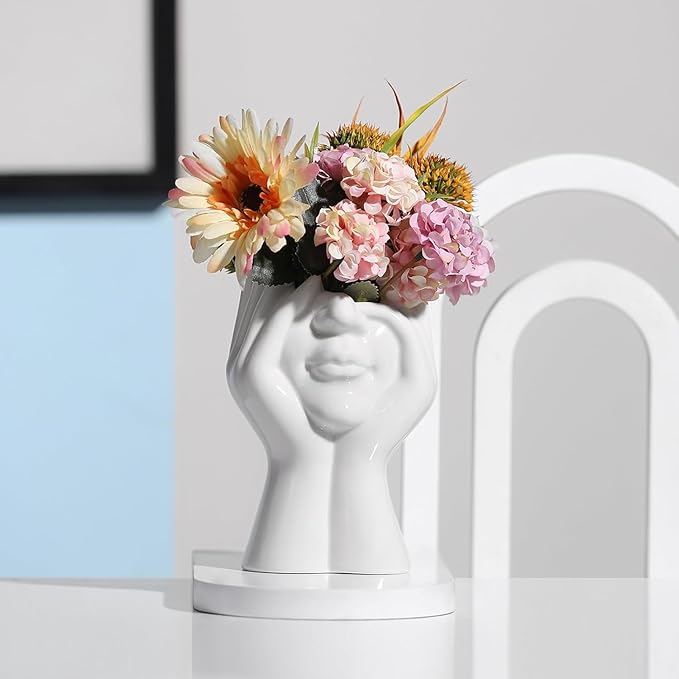 White Ceramic Vase Creative Human Body Art Design Multi Functional Office Desktop Organizer Pen Holder Makeup Brush Holder Home Decor Vase for Flowers Boho Ceramic Vases Stylish Decorative Accent (B)