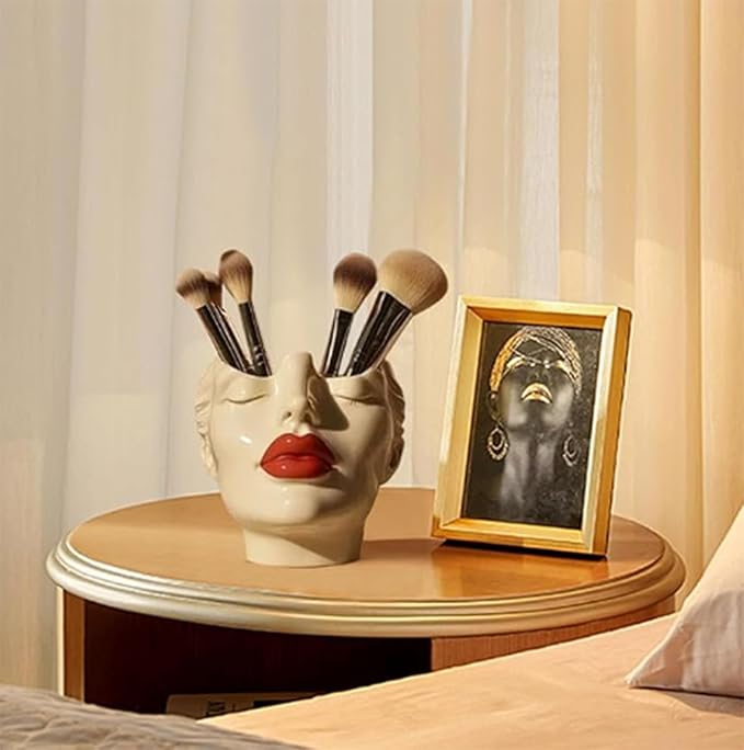 Women's Head Shape Boho Feminist Decoration Body Vase Head Vase Vintage Makeup Brush Holder Boho Makeup Organizer Rotating Makeup Organizer Idealized for Home Decor (C)