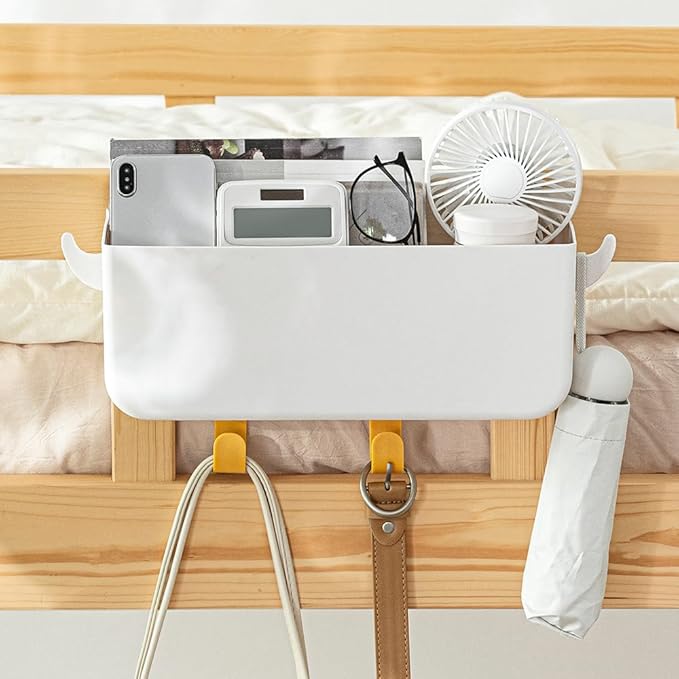 Poeland Hanging Storage Basket with Hooks, Bedside Organizer Shelf, Bunk Bed Storage Caddy Holder for Remote, Phone, Glasses, Bottle in Dorm, Bedroom, Bathroom, Camper, Rv, Loft Bed