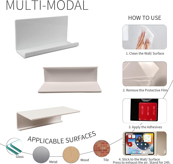 Adhesive Tablet Wall Mounted Phone Holder Acrylic Floating Shelves,eReader Wall Holder Smartphone Holder Stand for Bedroom,Living Room,Dorm,Office Display Shelf(White)