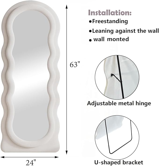 Dewfig Full Length Mirror, 63" x 24"Irregular Wavy Mirror, Large Floor Length Mirrors Wall Mounted, Standing Wavy Mirrors with Flannel Wrapped Wooden Frame for Bedroom/Living Room, White