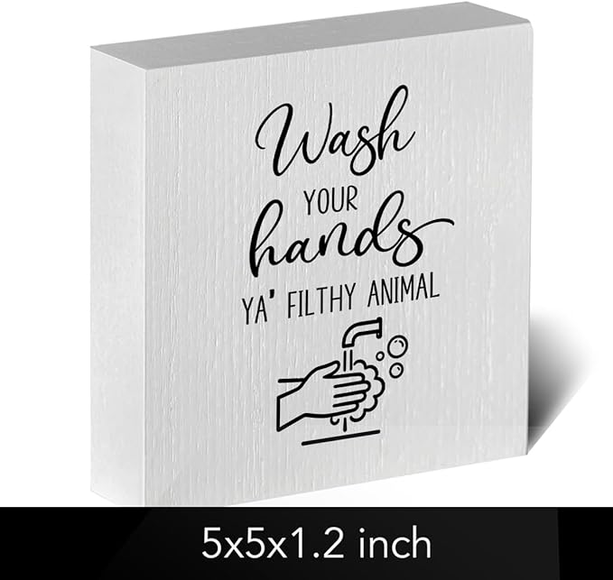 Funny Rustic Bathroom Decor Wooden Box Sign 5x5 Inch - "WASH YOUR HANDS YA' FILTHY ANIMAL" Humorous Restroom Shelf Table Decoration for Home