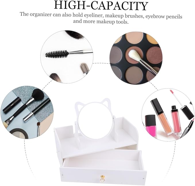 Housoutil Multifunctional Tabletop Makeup Mirror with Large Storage Box, Single Drawer Vanity Mirror for Bedroom Dresser, Portable Cosmetic Organizer for Travel and Daily Use