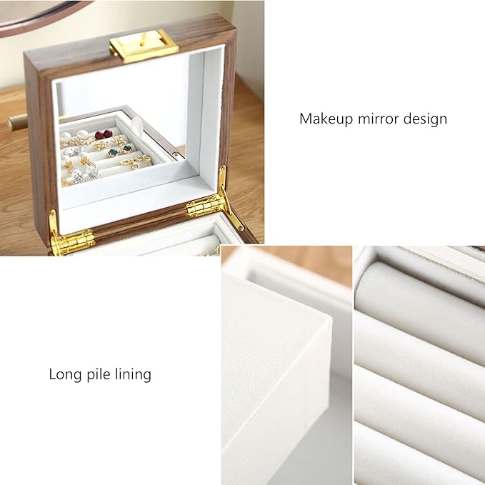 Makeup Organizers Solid Wooden Jewelry Box for Women Jewelry Armoire Ring Necklacel Gift Storage Box Travel Organizer with Mirror, Walnut Wood Color Jewelry Case