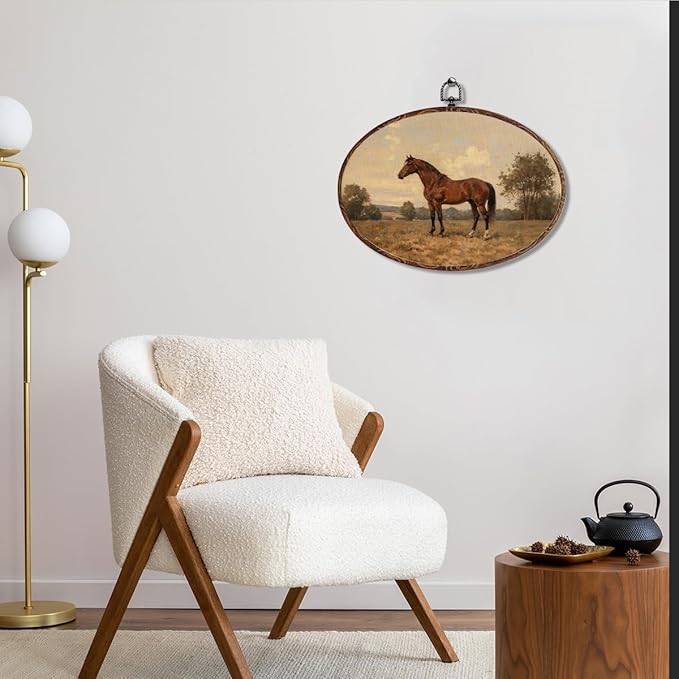 Vintage Horse Oval Framed Wall Art, Classic Horse Picture Canvas Art Painting Wall Decor, Rustic Cottagecore Hanging Decor Print Artwork for Home Bathroom Living Room Bedroom Farmhouse 12X8.3