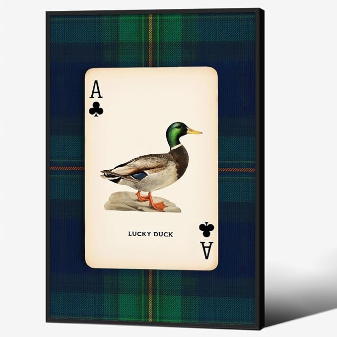 Mallard Duck Playing Card Wall Art Country Lucky Duck Animal Canvas Poster 16X24 inch Black Framed Nature Rustic Farmhouse Hunting Prints Vintage Wildlife Wall Decor