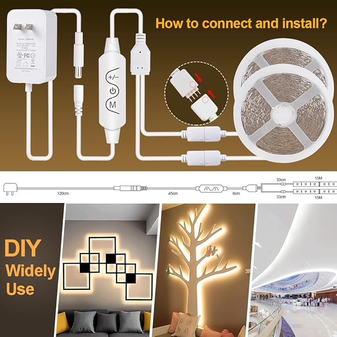 Wefomey White LED Strip Lights, 100ft Dimmable Bright 24V Led Tape Light with Remote and App Control, 2700K-6500K White 1800 LEDs Lights for Bedroom, Kitchen, Ceiling (2 Rolls of 50ft)