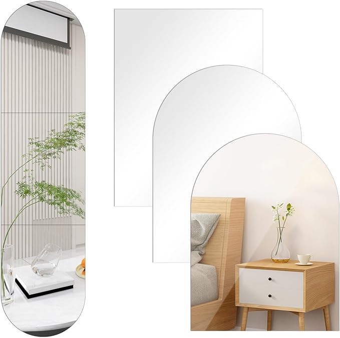 3 PCS Full Length Mirror Wall Mounted 16 x 12 Inch Arched Mirror Full Length for Wall Frameless Self Adhesive Glass Full Body Mirrors for Bathroom,Entryway,Living Room