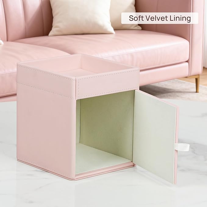Tissue Box Cover, PU Leather Square Tissue Box Holder with Storage Tray for Bathroom Vanity Countertop Night Stands Bedroom Office Desk, Stylish Tissue Holder Decorative Organizer (Pink)