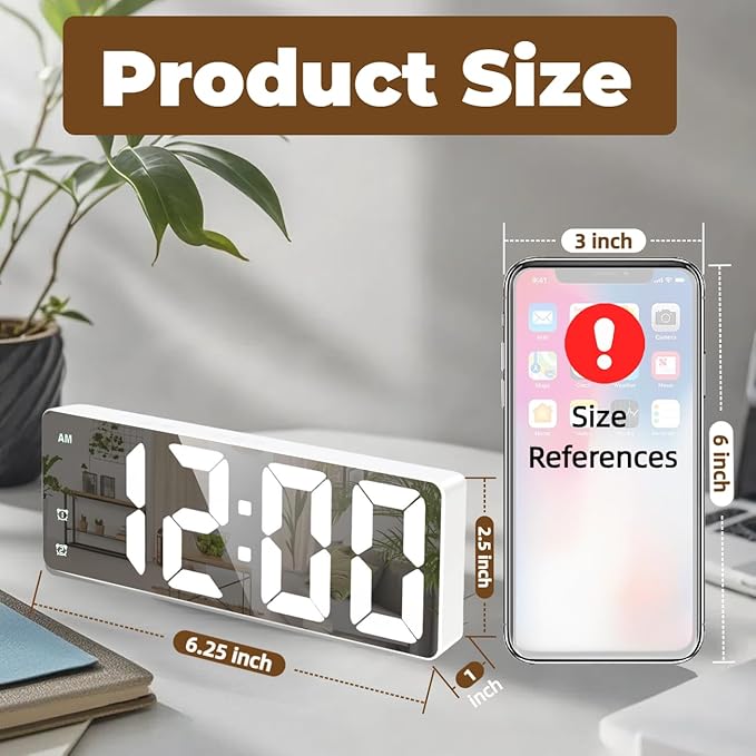 Small Digital Alarm Clock, Mirror Surface LED Electronic Clocks with Large Display, Adjustable Brightness and Snooze Model for Bedroom, Desk, Office, White Digit